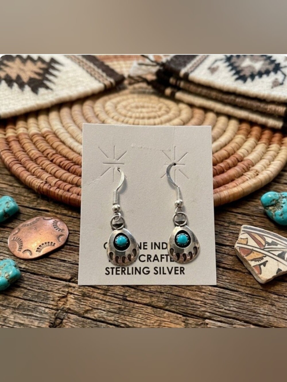 Native American Style Sterling Silver & Turquoise Bear Paw Dangling Earrings.